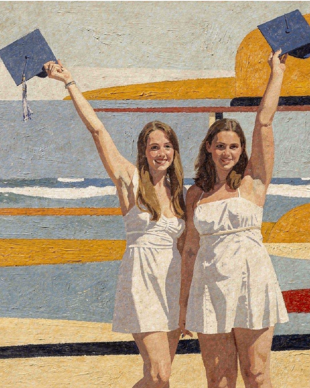 Neo-cubist painting of two Caymanian graduates celebrating on the beach.