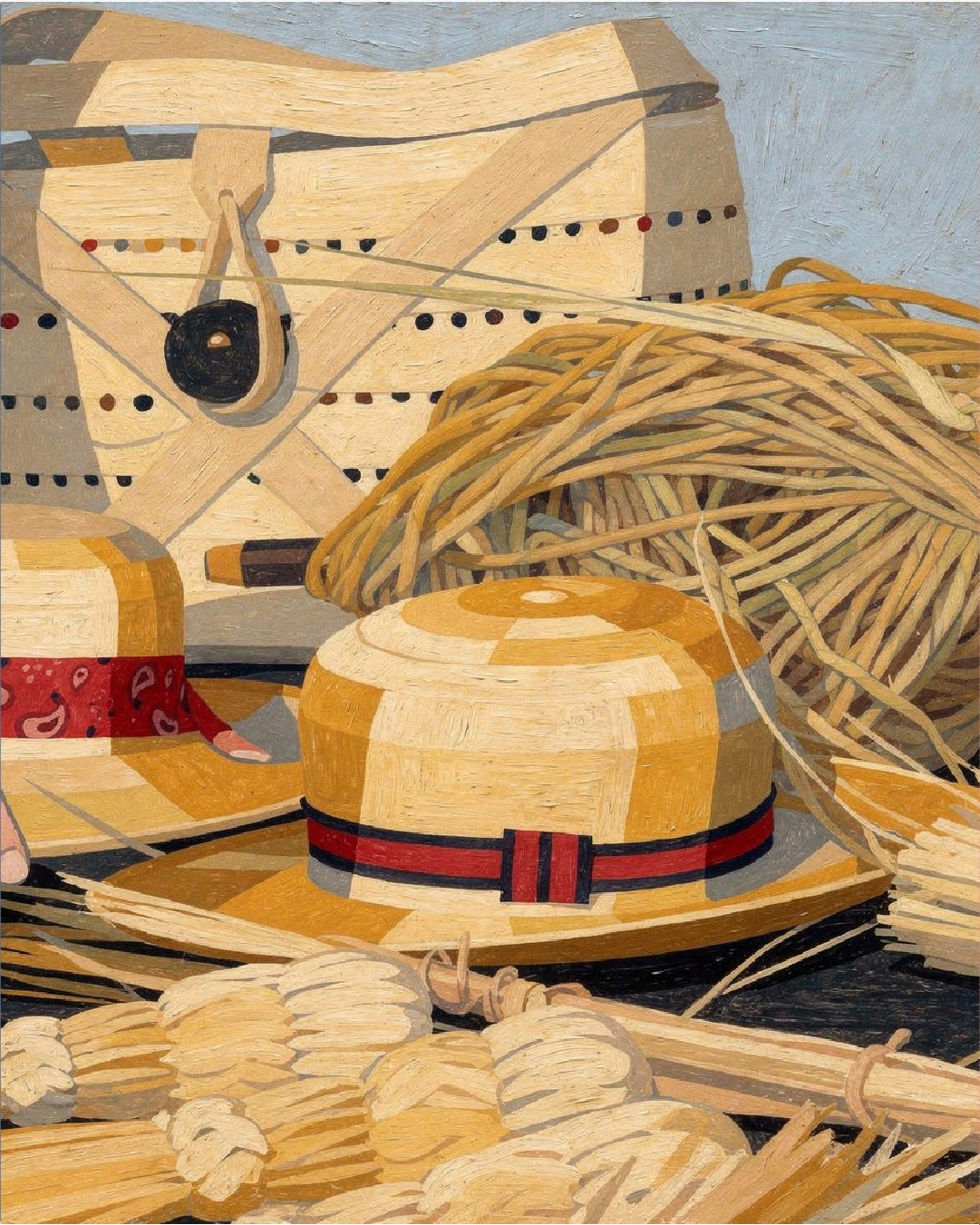 Neo-cubist painting of traditional Caymanian thatch weaving and straw hats.