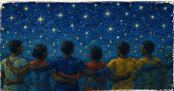Painting of a group of friends standing arm in arm, looking up at a starry night sky.